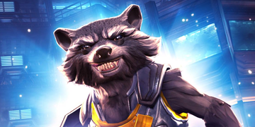 A picture of Rocket Raccoon entering The Contest of Champions.